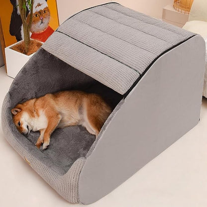 Large Dog House Indoor, Soft Plush Dog Cave Bed Covered Dog Bed with Fluffy Washable Cushion, Portable Dog/Cat Pet Tent House for Small Medium Dogs (Grey, Medium)