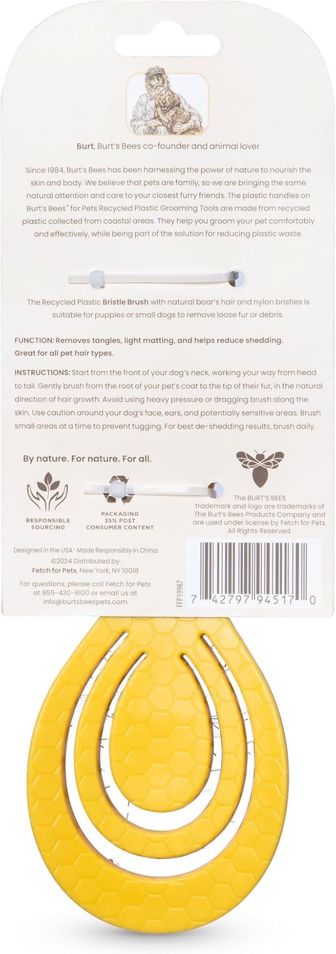 Burt's Bees for Pets Porcupine Bristle Brush, Large Dogs Hair Grooming Tool, Flex Technology, Recycled Plastics Handle, 9 Inches