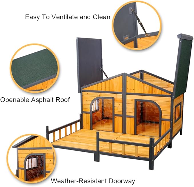 Wooden Dog House Outdoor Indoor, Double Dog Kennel Pet House with Window, Weatherproof Dog Houses with Porch, Double Room, Openable Asphalt Roof, Elevated Floor, Puppy Shelter for 2 Small Medium Dogs