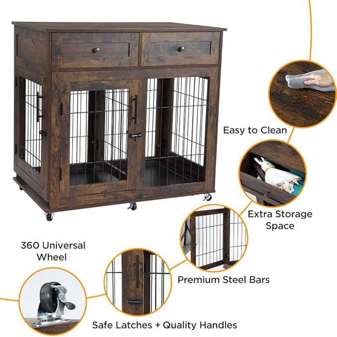 Double Dog Crate Furniture with 2 Drawers,Wooden Dog Crate End Table,2 Dogs Wooden Dog Cage Dog House for Small/Medium/Large