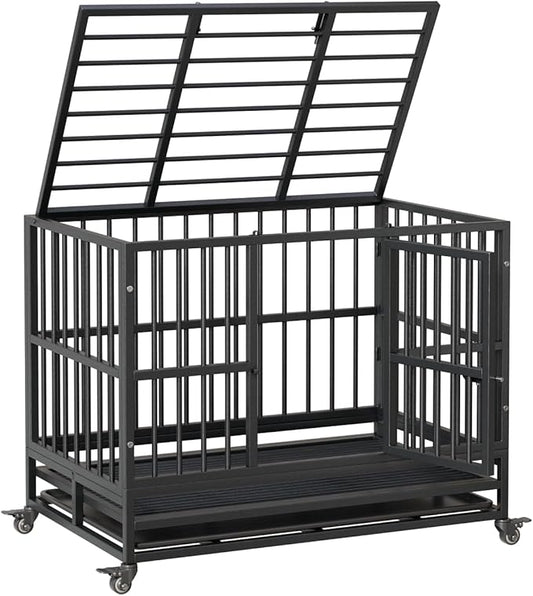 42inch Heavy Duty Indestructible Dog Crate Steel Escape Proof,Indoor Dog House High Anxiety Cage,Kennel with Wheels,Removable Tray