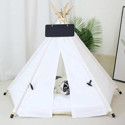 Dog & Cat Teepee Tent Bed - Portable Indoor/Outdoor Pet Tent with Cozy Cushion, Removable & Washable, White, M