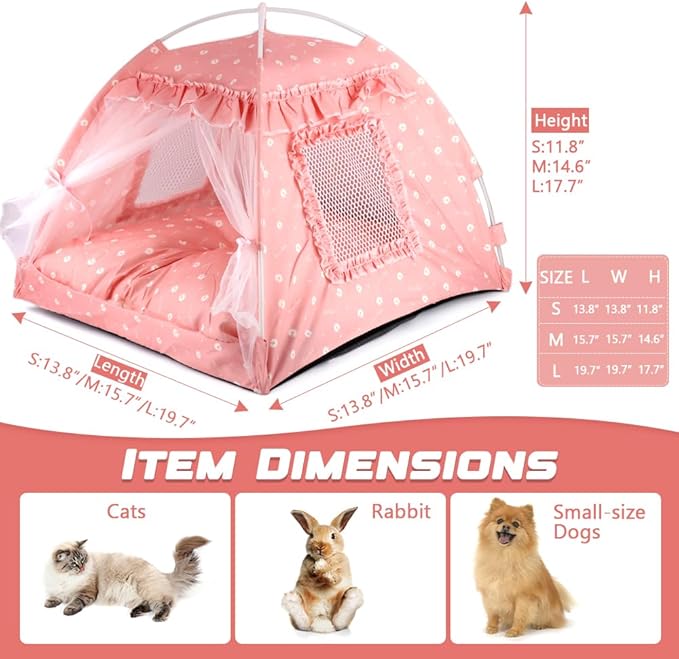 pawstrip Dog Tent Indoor Cat House Pink Puppy Bed Portable Pet Teepe Princess Dog Camping Tent Outdoor Kitten Houses Cute Bunny Nest Girl Kitty Cave (M, Pink)