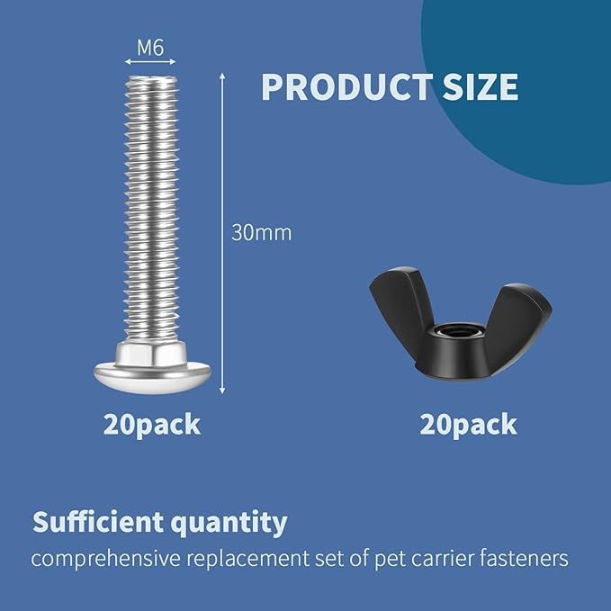 Therwen 20 Set M6 Pet Carrier Fasteners Set Dog Kennel Replacement Screws and Bolts Butterfly Nuts Dog Kennel Bolts Hardware Replacement Kit for Pet Carrier(Black)