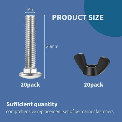 Therwen 20 Set M6 Pet Carrier Fasteners Set Dog Kennel Replacement Screws and Bolts Butterfly Nuts Dog Kennel Bolts Hardware Replacement Kit for Pet Carrier(Black)