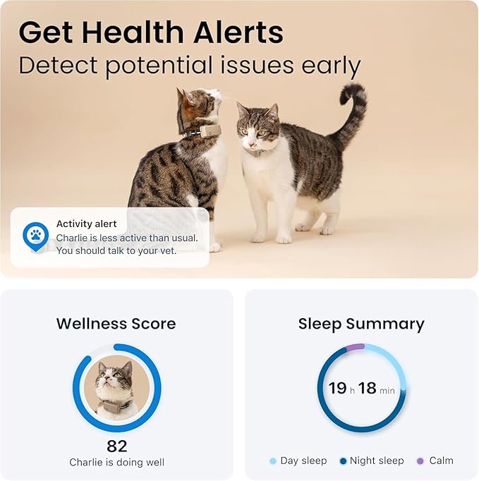 Tractive GPS Cat Tracker (6.5 lbs+), Real-time Pet Location Tracker, Health & Wellness Alerts, Battery Life Up to 7 Days, Breakaway Cat Collar Included (Brown)