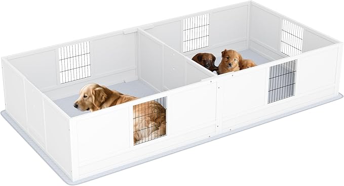 PawHut Whelping Box for Dogs and Puppies, Dog Whelping Box with Waterproof Pee Pad, Adjustable Height Door, for Large Dogs Indoor Use, 96" x 47" x 19"