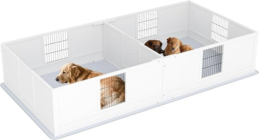 PawHut Whelping Box for Dogs and Puppies, Dog Whelping Box with Waterproof Pee Pad, Adjustable Height Door, for Large Dogs Indoor Use, 96" x 47" x 19"