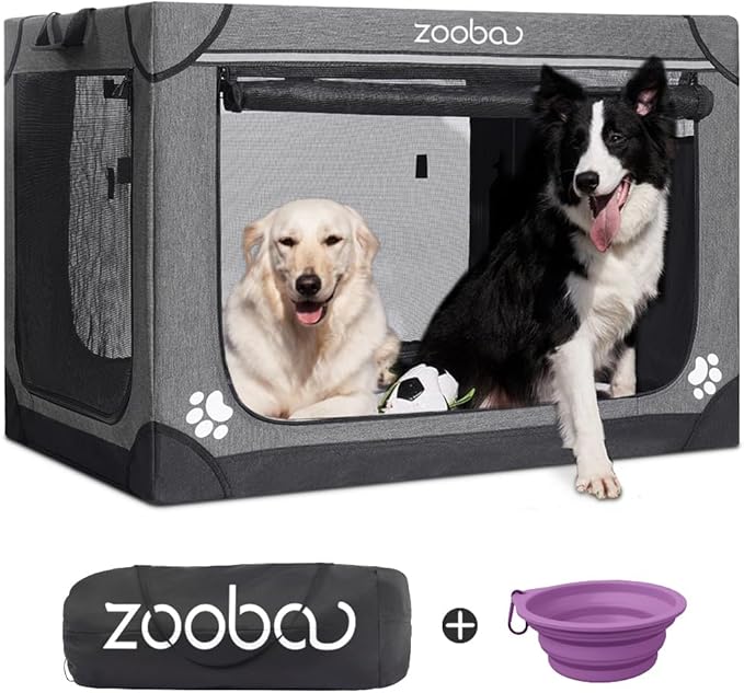 42" Portable Soft Dog Crate for Large Dogs - Collapsible Travel Kennel with Carry Bag, Foldable Cage with Durable Textilene Mesh Door, Plush Bed - Ideal for Home or Travel - Charcoal Gray