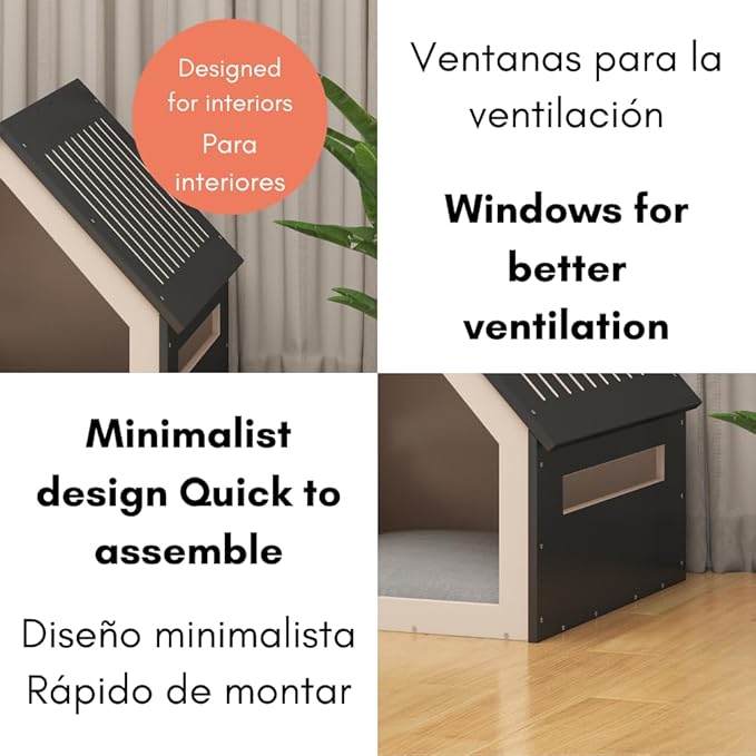 Big House for Pets, Wooden House for Pets for Interiors, Resistant Wood with Cushion for Dog Included, Minimalist, Elegant and Resistant, 24x25x24.5 in, Black