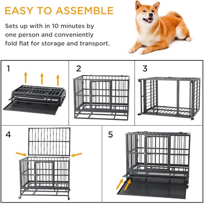 42inch Heavy Duty Indestructible Dog Crate Steel Escape Proof,Indoor Dog House High Anxiety Cage,Kennel with Wheels,Removable Tray