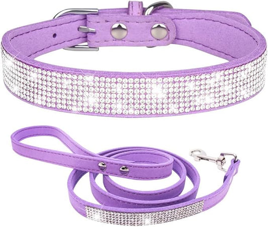 Bling Small Dog Collar Leash Set, Puppy Collar with Rhinestone Crystal Diamond Glitter Female Girls Cat Collars for XXS XS Small Medium Large Dogs Chihuahua Poodle Yorkshire (Purple XXL)