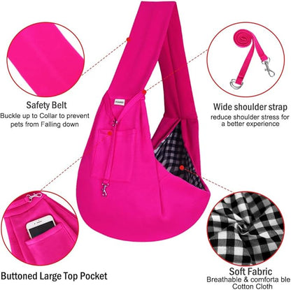 FDJASGY Small Pet Sling Carrier-Hands Free Reversible Pet Papoose Bag Tote Bag with a Pocket Safety Belt Dog Cat for Outdoor Travel Rose Red
