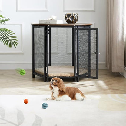beeNbkks Hexagon Dog Crate Furniture for Small Dogs with Removable Cushion, Walnut Finish Pet Furniture, Stylish Functional Dog Crate End Table, Removable Washable Cushion Cover, Ideal for Home Décor