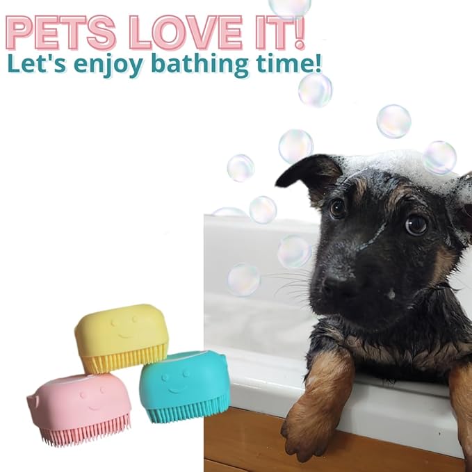 Pet Brush with Shampoo Dispenser - Yellow Silicone Bath Brush with Soap Scrubber for Relaxing & Non-Stress Grooming of Dogs and Puppies