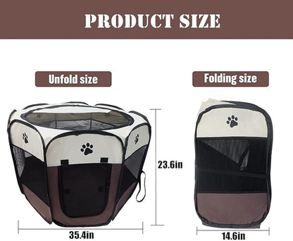 Portable Pet Playpen for Small Cat Dog Puppy Rabbit,Cat Kitten Playpen Indoor Outdoor with Carrying Case,Waterproof Bottom and Removable Zipper Top (M(35.4" x35.4" x23.6"), Brown)