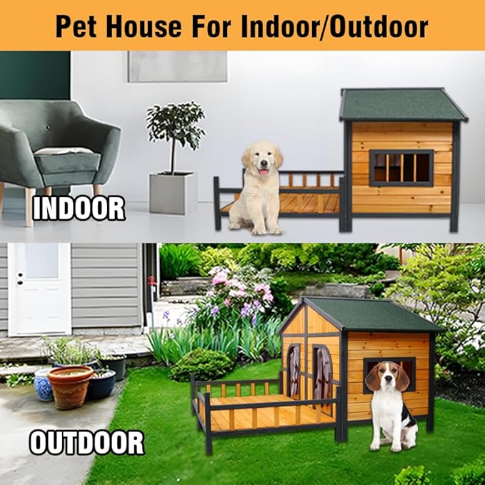 Wooden Dog House Outdoor Indoor, Double Dog Kennel Pet House with Window, Weatherproof Dog Houses with Porch, Double Room, Openable Asphalt Roof, Elevated Floor, Puppy Shelter for 2 Small Medium Dogs