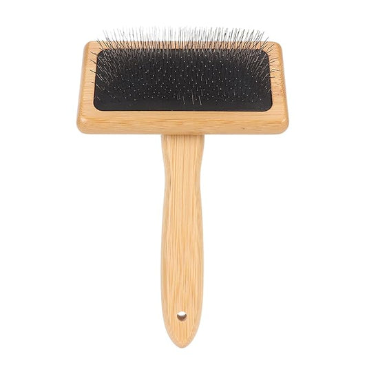 Macrame Slicker Comb with Hole Cushion Finely Polished Bamboo Cleaning Brush Sheepskin Wool Stainless Steel Pins Carding Rug Fur Brushes Long Prongs Pet (13.7x20.3x5.2cm