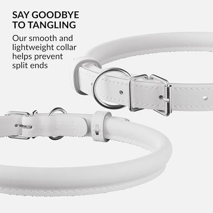 CollarDirect Rolled Leather Dog Collar, Soft Padded Round Puppy Collar, Handmade Genuine Leather Collar Dog Small Large Cat Collars 13 Colors (13-16 Inch, White Smooth)