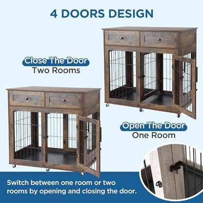Dog Crate Furniture with 2 Drawers, Wooden Dog Kennel with Divider and Removable Tray, Double Rooms Dog Cage for 2 Dogs, Wooden Dog Crate End Table