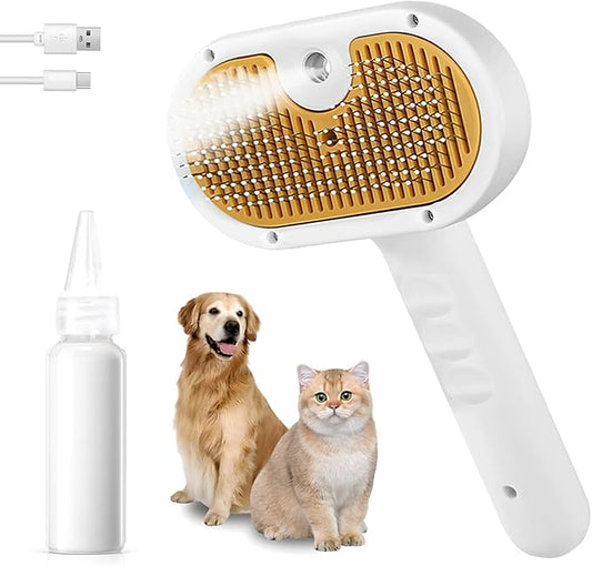 Pet Steam Brush for Dog & Cat – 3-in-1 Spray Hair Removal Comb – Steam for Shedding & Grooming – Water Brush for Long & Short Haired Pets – Spritz Defur Comb –