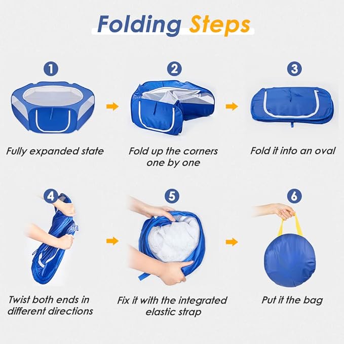 SlowTon Small Animal Playpen Portable - Durable Cat Playpen with Reinforced Mesh, Foldable Pet Playpen Exercise Play Pen with Zipper Top Cover Puppy Fence Kitten Rabbit Ferret Chinchilla (M,Blue)