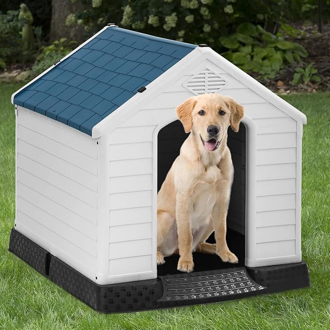 FDW Dog House Indoor Outdoor Durable Ventilate Waterproof Pet Plastic Dog House for Small Medium Large Dogs Insulated Puppy Shelter Kennel Crate with Air Vents and Elevated Floor