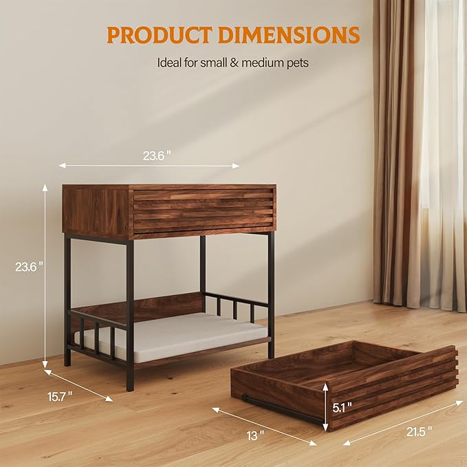 Cat End Table with Storage, Side Table with Dog Bed Underneath, Dog Crate Furniture Open Design with Metal Legs Chew-Proof, Bedside Tables with Pet Bed for Living Room,Bedroom