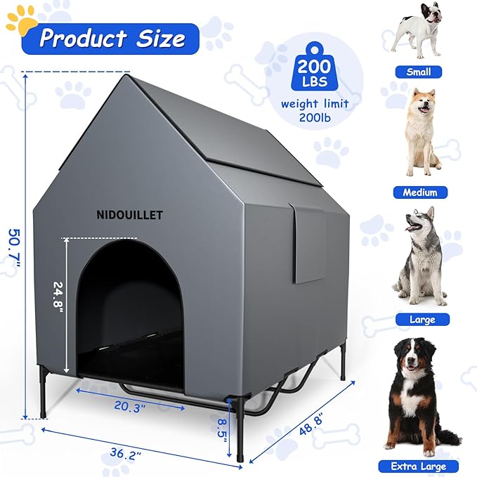 Nidouillet 48" Large Dog House for Outdoor or Indoor, Weatherproof 600D PVC Large Dog House with 8.5" H Textilene Elevated Dog Bed Breathable, Easy to Clean, Dog House Max 200lbs