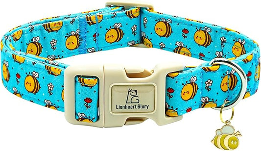 Lionheart glory Dog Collar, Bees Blue Dogs Collar Adjustable Soft Comfortable Collars for Medium Dogs Girl or Boy Pet Gift Cute Spring Summer Collar