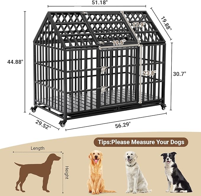 Rovibek 52 Inch XXL Dog Crate, Heavy Duty Dog Crate with Lockable Wheels, Escape Proof Dogs Cage for Extra Large Dogs, Dog Kennel Indoor, Indestructible Dog Crates with Removable Trays