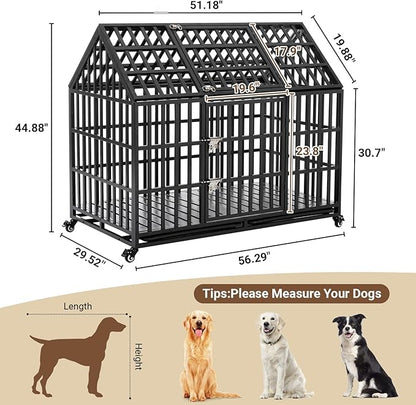 Rovibek 52 Inch XXL Dog Crate, Heavy Duty Dog Crate with Lockable Wheels, Escape Proof Dogs Cage for Extra Large Dogs, Dog Kennel Indoor, Indestructible Dog Crates with Removable Trays