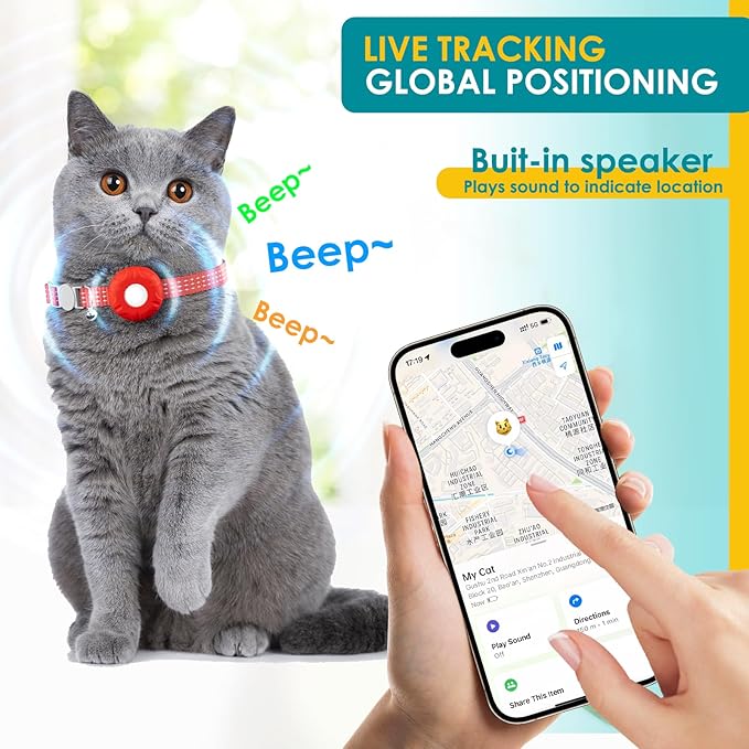 Cat Tracker, Waterproof Pet Tracker for Cats, Cat Tracker Collar with Safety Elastic Buckle, Works with Any Collar,GPS Tracker Compatible with Apple Find My App (Only iOS), No Monthly Fee, Red-40318