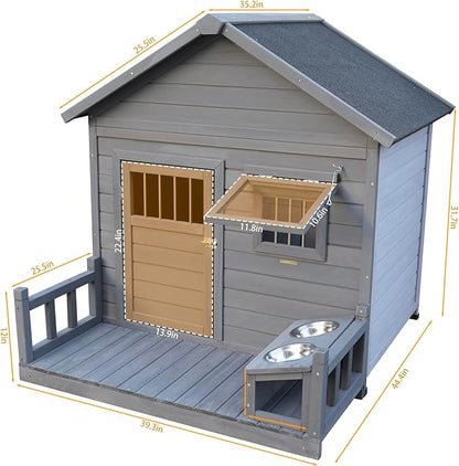 Open Waterproof Asphalt Roof Large Dogs House with Spacious Terrace,Outdoor Dog Kennel W/Small Wooden Door,Breathable Window & 2 Feeding Stainless Bowls,Fir Wood Dog Cage for Large Dogs,Gray
