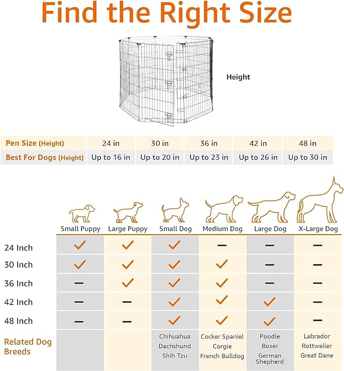 Amazon Basics Foldable Octagonal Metal Exercise Dog Playpen - Indoor/Outdoor, Single Door, Large (8 Panels, 24 x 42), Easy to assemble and store, 42" - Large, Black