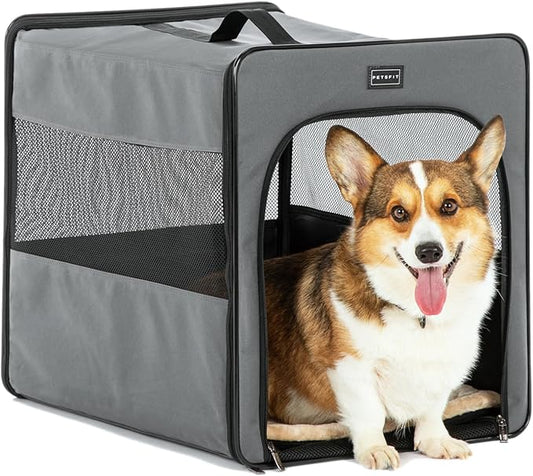 PETSFIT Portable Dog Crate, Travel Dog Crate - 24 Inch with Thicken Mat, Easy to Fold, Sturdy and Portable, Perfect for Traveling, Soft Dog Kennel Grey