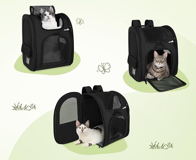 Pecute Cat Backpack, Adult Cat Backpackswith Breathable Mesh, Collapsible Small Dog Backpack, Pet Backpack with Multi-Pockets, Great for Travel Hiking Camping (Black)