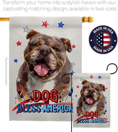 Breeze Decor Patriotic Chocolate Bulldog House Flag Pack Dog Puppy Spoiled Paw Canine Fur Pet Nature Farm Animal Creature Embroidery Banner Small Garden Yard Gift Double-Sided, Made in USA