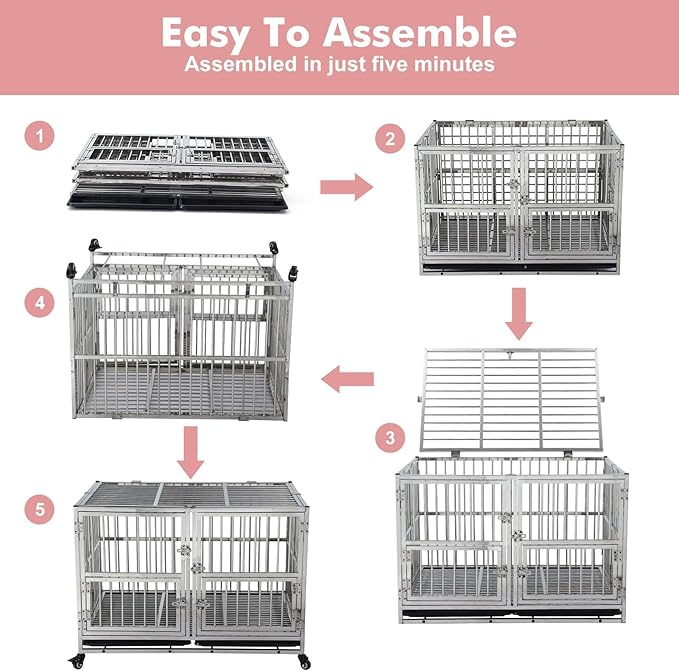 48 Inch Heavy Duty Indestructible Dog Crate, Stainless Steel Dog Cage Kennel with Lockable Wheels, High Anxiety Dog Crate with Double Door, Extra Large Crate Indoor for Large Dogs with Removable Tray