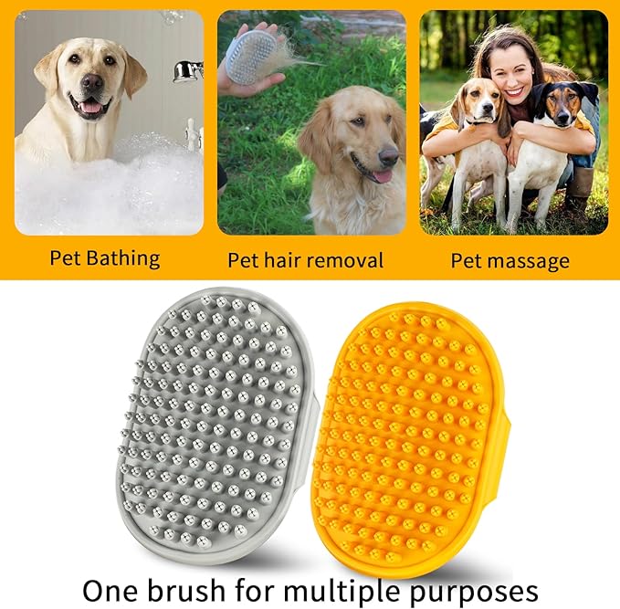 Dog Bath Brush | Dog Grooming Brush, Dog Shampoo Massage Bath Brush Comb with Adjustable Loop Handle for Grooming Short and Long Hair Cats and Dogs, 2pcs(Plum Brush Head, Orange + Grey)