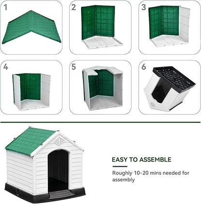 YITAHOME 41'' Large Plastic Dog House Outdoor Indoor Doghouse Puppy Shelter Water Resistant Easy Assembly Sturdy Dog Kennel with Air Vents and Elevated Floor (41''L*38''W*39''H, Green)