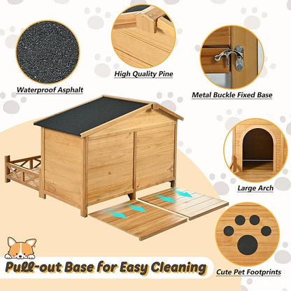 Merax 48" Wooden Dog House Outdoor, Medium Large Breed Outside Kennel with Porch, Paw Print, Weatherproof Asphalt Roof and Fencing