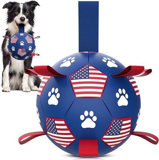QDAN Dog Toys Soccer Ball with Straps - Durable Dog Balls for Small Medium Dogs, Beach Pool Dog Water Toy, Dog Tug Toys for Tug of War, Puppy Dog Birthday Gifts (6 Inch)