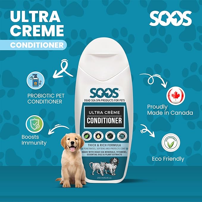 Soos Pets Ultra Crème Conditioner for Dogs and Cats | Natural Dead Sea Minerals | Smoothness, Polish Deeply | Absorbing with Vitamins Essential Oils Natural Ingredients - 250ml
