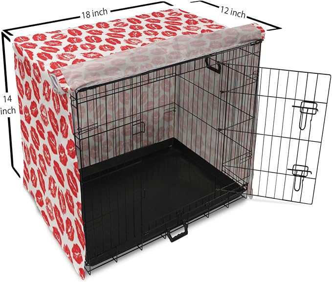 Lunarable Kiss Dog Crate Cover, Rhythmic Make up Red Luscious Lips Lipstick Imprint Illustration, Easy to Use Pet Kennel Cover for Small Dogs Puppies Kittens, 18 Inch, Dark Pink and White