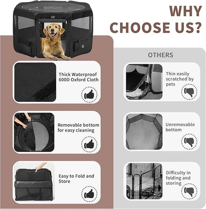 DONORO Dog Playpen Portable Pet Play Pens for Small Dog/Cat/Rabbit/Chicks, Cat Playpen Indoor/Outdoor with Carring Case, Removable Zipper Top and Bottom (Black, Large (46"x46"x23"), 8)