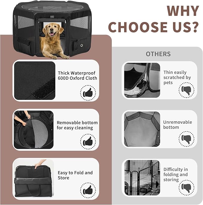 DONORO Dog Playpen Portable Pet Play Pens for Small Dog/Cat/Rabbit/Chicks, Cat Playpen Indoor/Outdoor with Carring Case, Removable Zipper Top and Bottom (Black, Extra Large (55"x55"x30"), 8)