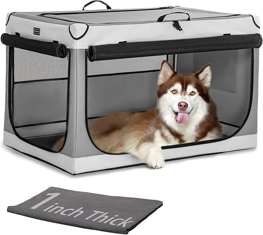 PETSFIT Collapsible Dog Crate, Soft Dog Crate - 40 Inch Easy Set-up, Light, Sturdy, Comfy Inside with Thicken Mat, Portable Kennel for Home and Travel Light Grey