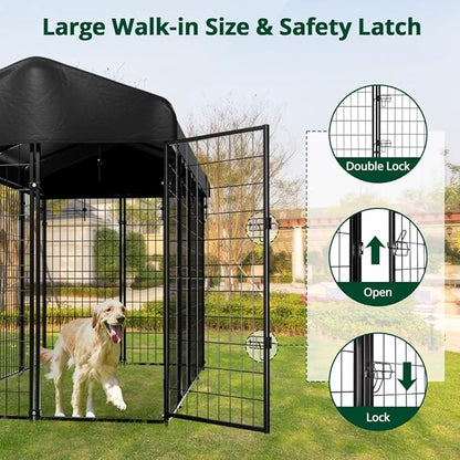 Dog Kennel Outside with Roof, 8'x6'x4' Outdoor Dog Kennels for Large Dogs, Heavty Duty Welded Dog Crate Playpen with UV-Resistant Waterproof Cover