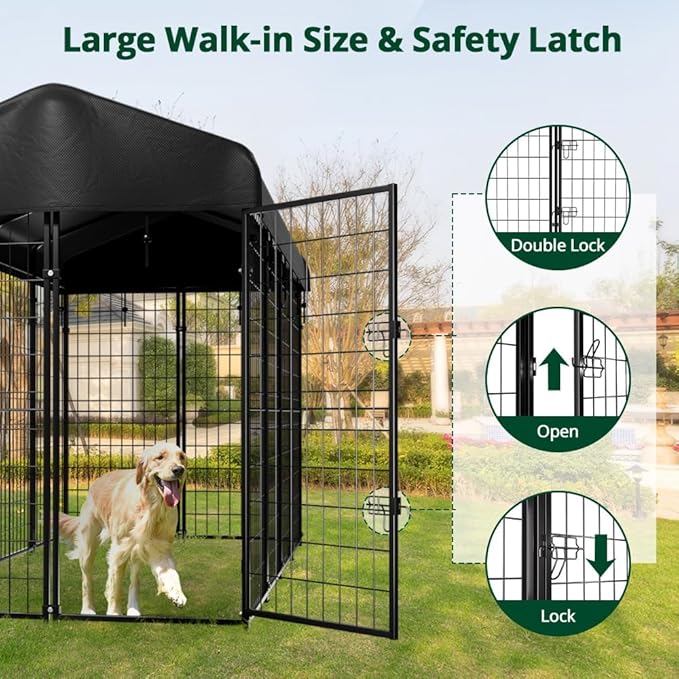 Dog Kennel Outside with Roof, 8'x6'x4' Outdoor Dog Kennels for Large Dogs, Heavty Duty Welded Dog Crate Playpen with UV-Resistant Waterproof Cover
